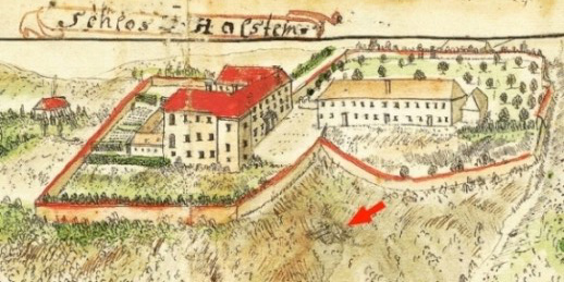 1. Pałac Holstein (Skała) - 1749 r. - strzałka wzkazuje wylot jaskini szczelinowej.jpg