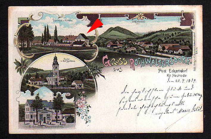 1. Rothwaltersdorf (ob. Czerwieńczyce) przed 1904 r. - wieża zaznaczona strzałką.jpg
