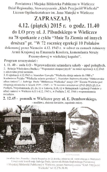 72 rocznica barbórkowej egzekucji w Wieliczce - zaproszenie na uroczystość.JPG